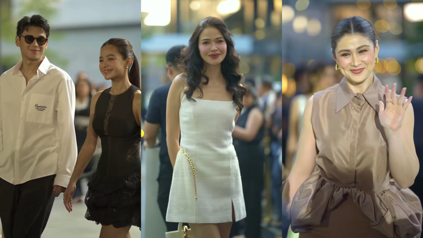 Parqal launch arrivals: a couple walking in, a guest in a white mini dress, and a guest waving in a taupe blouse