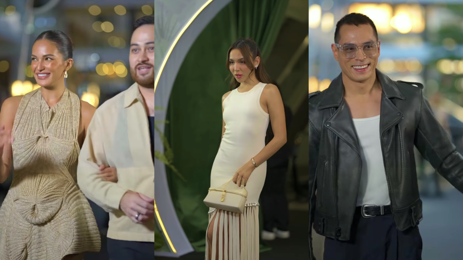 Guests posing at the launch: a couple arm in arm, a guest in a white pleated dress before a green arch, and a guest in a leather jacket